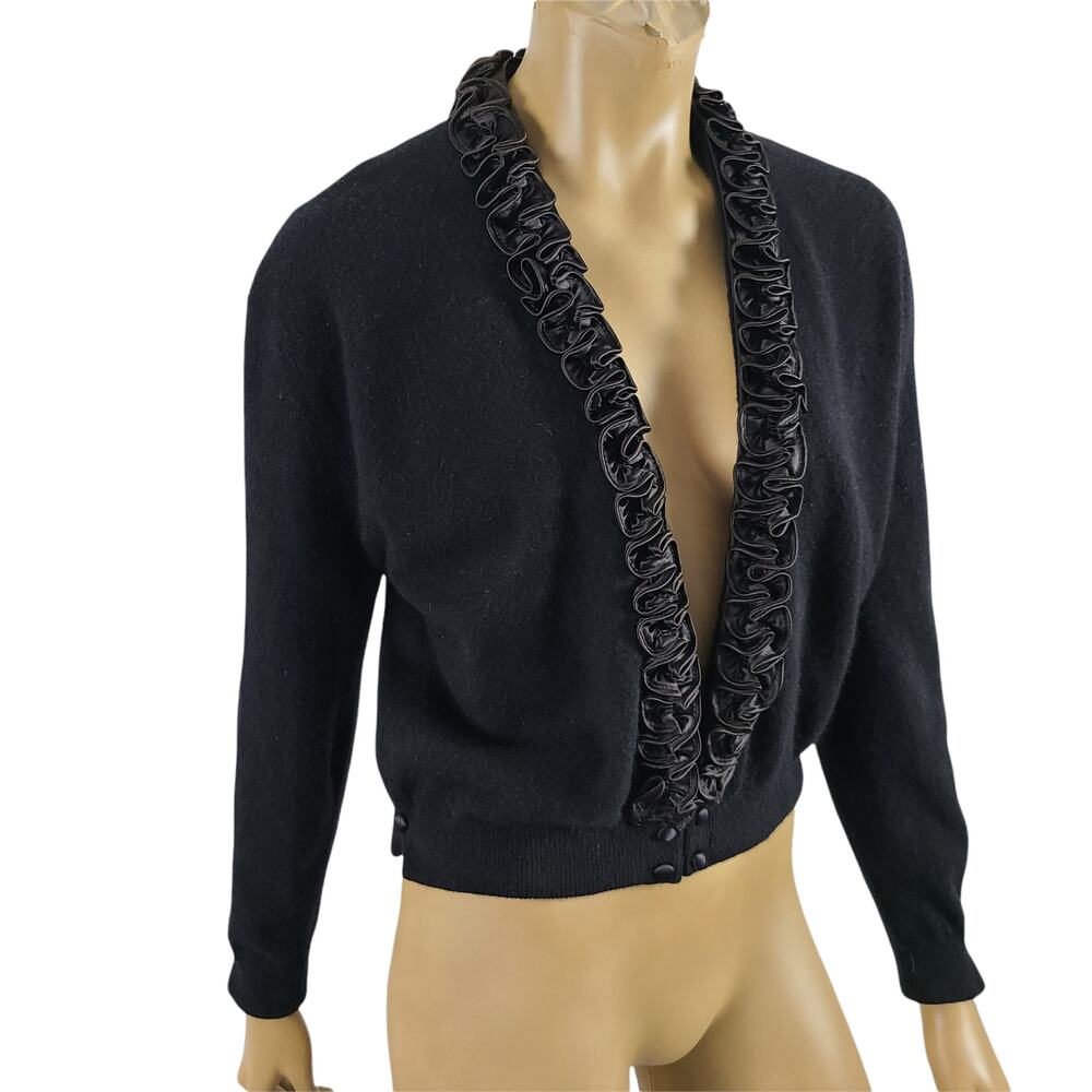 Dalton Cashmere Cardigan Vintage 50s Pinup Scroll Ruffle Trim Cinch Waist Black - Picture 3 of 16